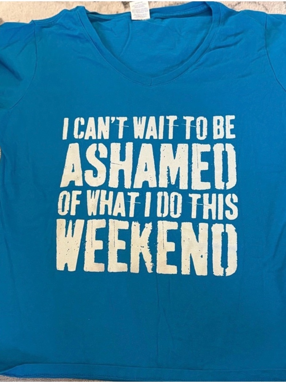 Funny Weekend Graphic Tee Teal Blue V-Neck Women’s Large